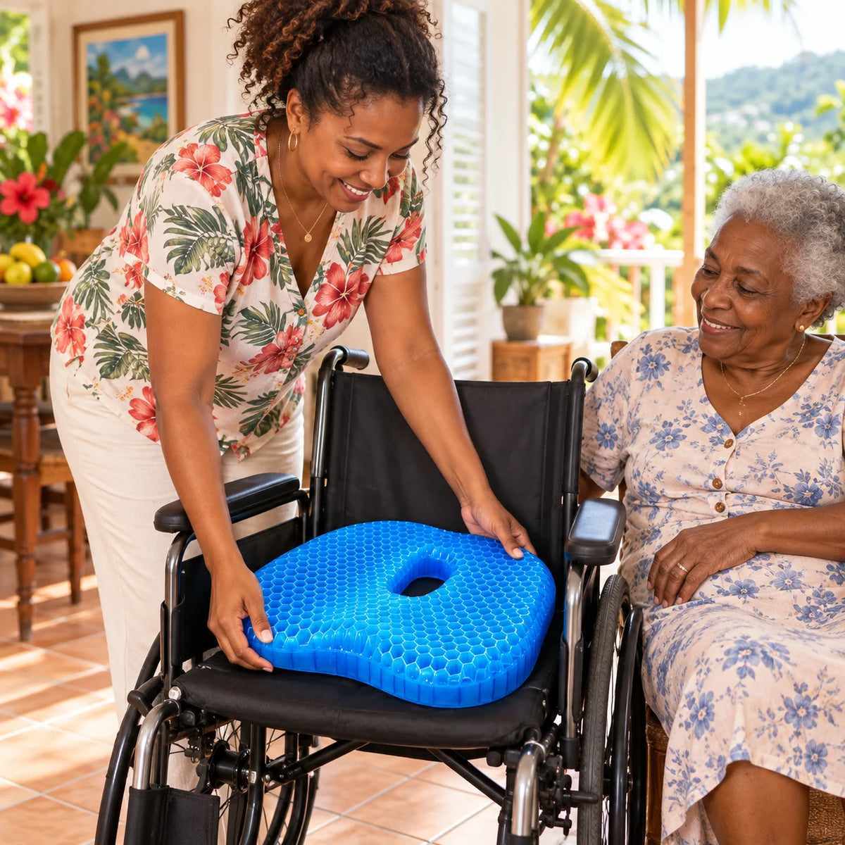 Aidante installant MediGel dans un fauteuil roulant