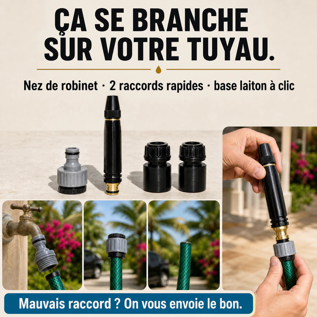 Les trois raccords HydroJet 4 : nez de robinet, deux raccords rapides, base laiton à clic
