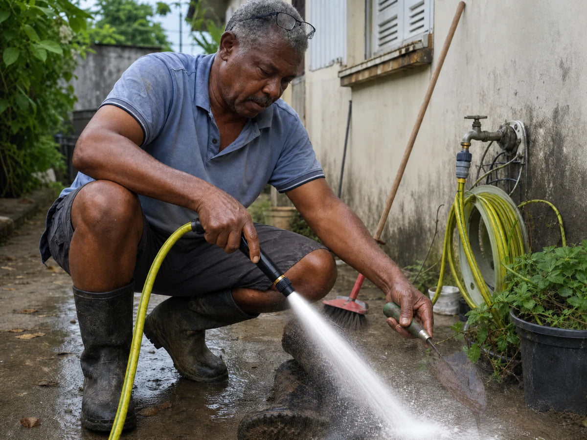 Thierry rince ses bottes et outils de jardin avec HydroJet en Guadeloupe